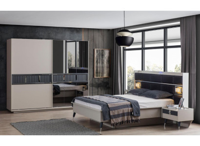 Muebles de dormitorio gris, cama de diseñador, 2 mesitas de noche, armario de madera, 4 piezas.