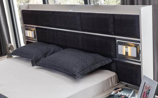 Muebles de dormitorio gris, cama de diseñador, 2 mesitas de noche, armario de madera, 4 piezas.
