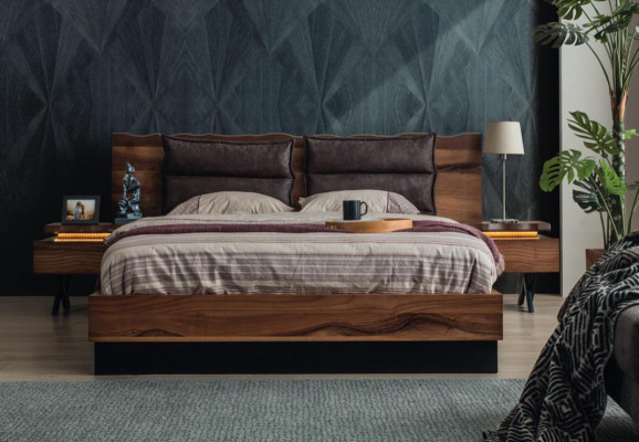Conjunto de dormitorio moderno de madera con cama doble de diseñador y mesilla de noche, de 5 piezas.