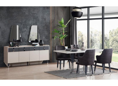 Grupo de comedor moderno: mesa rectangular, 6 sillas, aparador y 2 espejos.