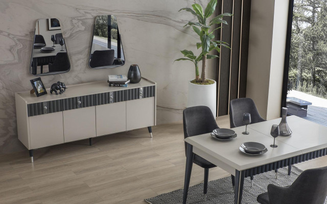 Grupo de comedor moderno: mesa rectangular, 6 sillas, aparador y 2 espejos.