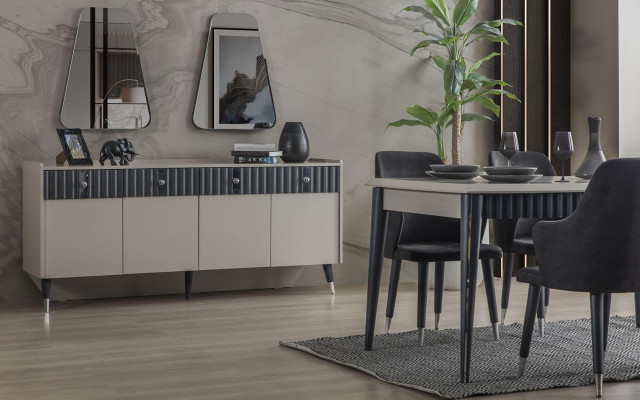 Grupo de comedor moderno: mesa rectangular, 6 sillas, aparador y 2 espejos.