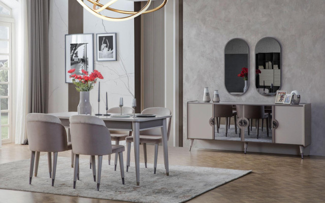 Conjunto de comedor gris, sillas de comedor, mesa extensible, aparador