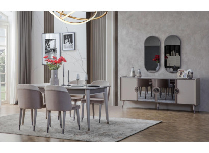 Conjunto de comedor gris, sillas de comedor, mesa extensible, aparador