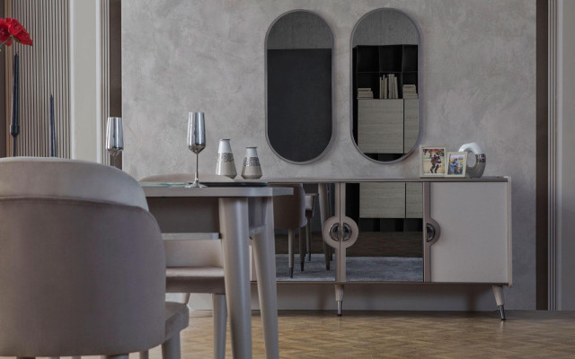 Conjunto de comedor gris, sillas de comedor, mesa extensible, aparador