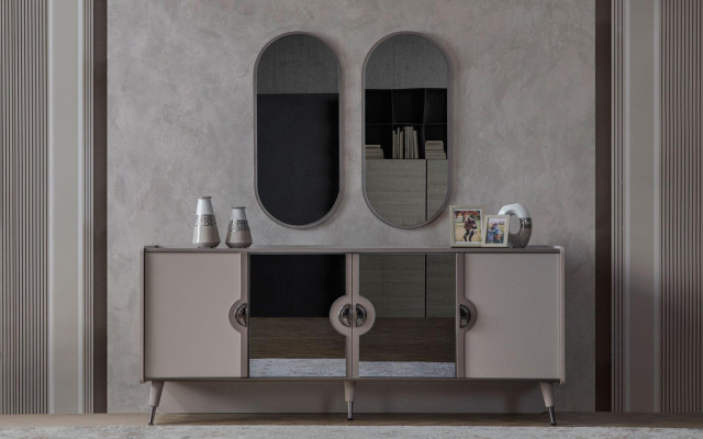 Conjunto de comedor gris, sillas de comedor, mesa extensible, aparador