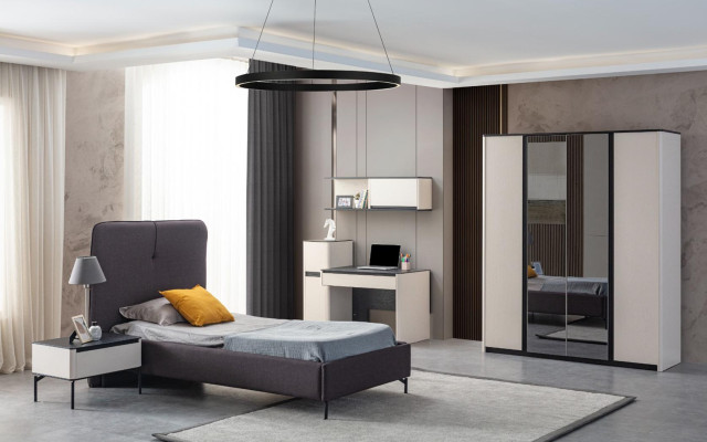 Muebles de dormitorio infantil completos: cama, mesita de noche, escritorio, armario.