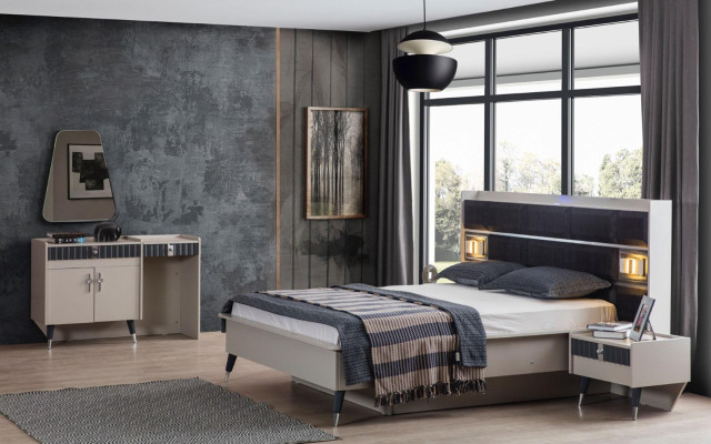 Conjunto de dormitorio: cama de lujo, tocador de diseñador, consola de 5 piezas.