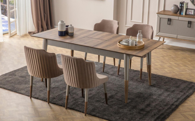 Juego de comedor de color beige con mesa de madera rectangular y 6 sillas tapizadas - conjunto de 7 piezas.