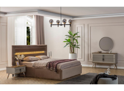 Dormitorio beige con muebles de lujo, cama doble de diseñador, 2 mesillas de noche, conjunto de 5 piezas.
