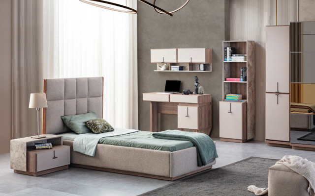 Conjunto completo de habitación infantil con cama de lujo, 1 mesita de noche y estantería de libros.