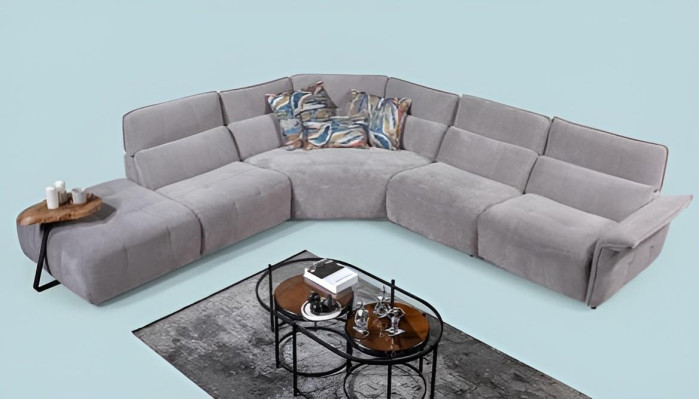 Elegante sofá de esquina gris en forma de L para sala de estar, sofá de diseñador de lujo.