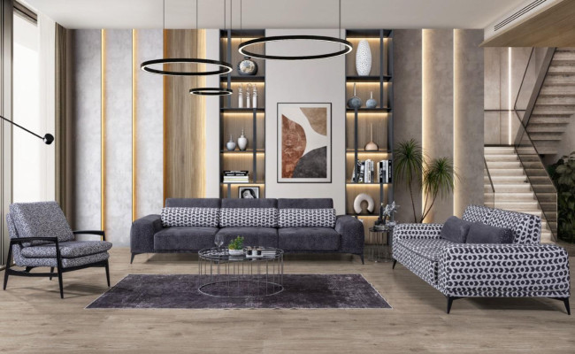 Sala de estar gris Conjunto de asientos Exclusivo, sofá de tres plazas de un lugar. Unidad de 3 piezas 4+3+1