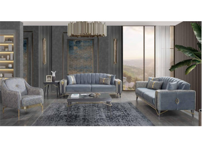Lujo gris Chesterfield sofá conjunto de sala de estar de 3 plazas de tela sillón.