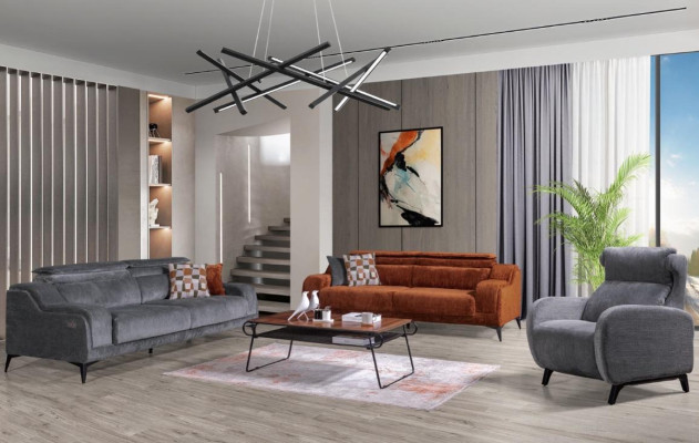 Muebles de asiento exclusivos para la sala de estar en gris y naranja, un sofá de lujo de 3 plazas y un sillón.