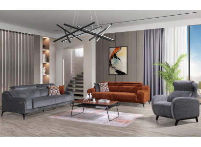 Muebles de asiento exclusivos para la sala de estar en gris y naranja, un sofá de lujo de 3 plazas y un sillón.
