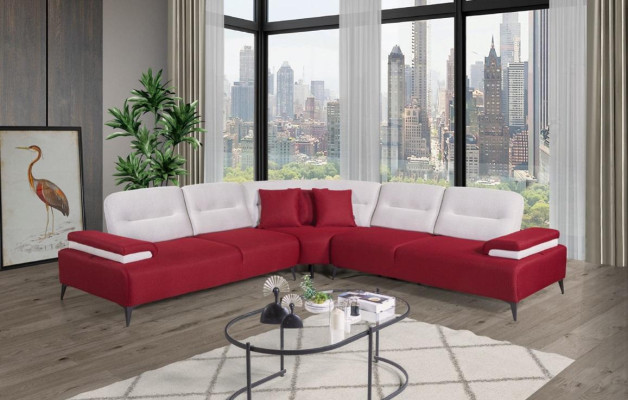 Sofá de esquina elegante rojo en forma de L, diseño de salón de madera eleganteguarda.
