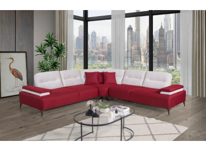 Sofá de esquina elegante rojo en forma de L, diseño de salón de madera eleganteguarda.