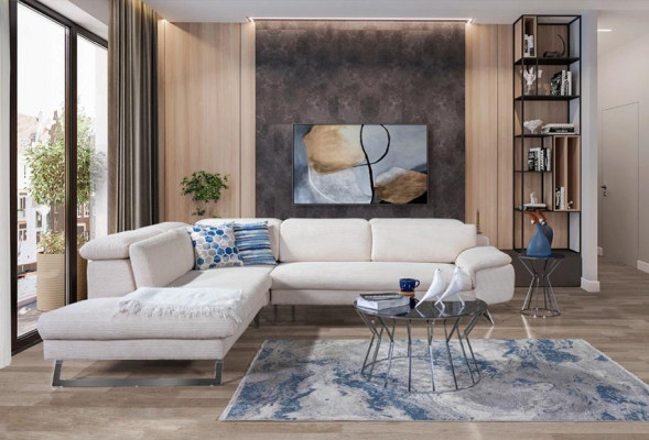 Sofá esquinero blanco en forma de L, sofás sala de estar, paisajes modernos de salón.