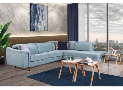 Sofá esquinero azul en forma de L para sala de estar con cojines y armazón de madera de diseñador