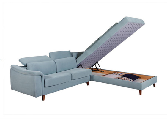 Sofá esquinero azul en forma de L para sala de estar con cojines y armazón de madera de diseñador