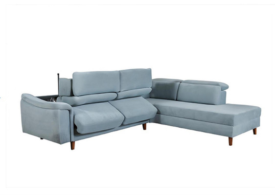Sofá esquinero azul en forma de L para sala de estar con cojines y armazón de madera de diseñador