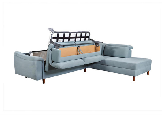 Sofá esquinero azul en forma de L para sala de estar con cojines y armazón de madera de diseñador