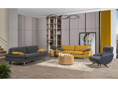 Muebles de sala de estar de lujo gris-amarillo 2 sofás de 3 plazas, 1 sillón de 3 piezas.
