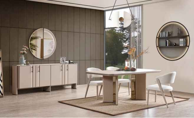 Conjunto completo de comedor beige, mesa, sillas, aparador, espejo.