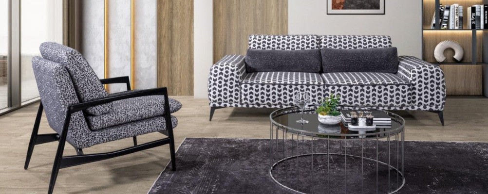 Sofá textil de tres plazas para sala de estar gris, sofá de lujo de la sala de estar y sillón tipo lounge de 2 piezas.