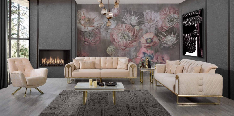 Moderno conjunto de sofás beige para la sala de estar x2 con 3 plazas cada uno y 3 sillones tapizados.
