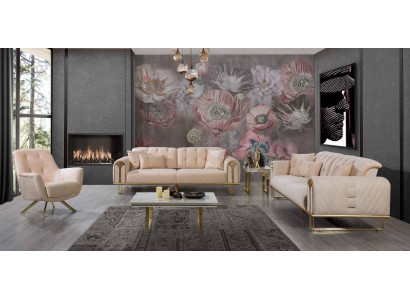 Moderno conjunto de sofás beige para la sala de estar x2 con 3 plazas cada uno y 3 sillones tapizados.