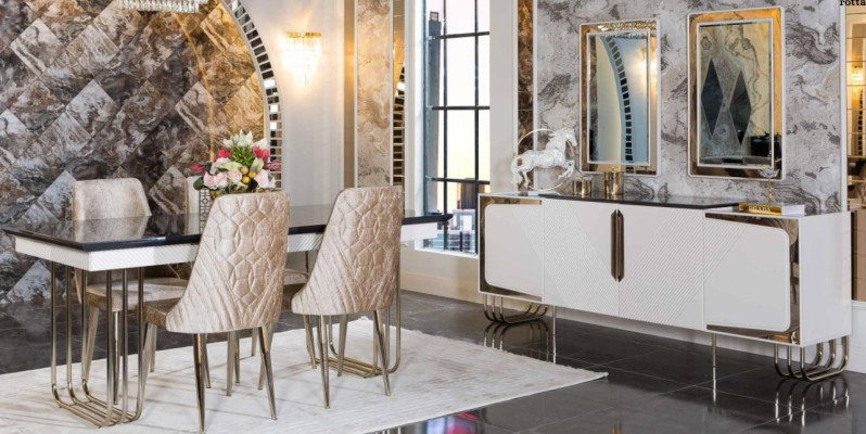 Muebles de comedor elegantes de acero inoxidable, conjunto de mesa de comedor, cómoda, espejo.