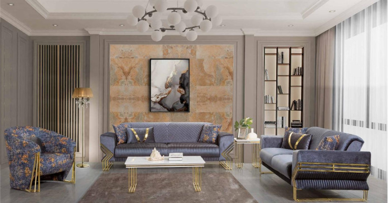 Salón azul claro conjunto de diseñador de 3 plazas Sillón de lujo Mesa de centro