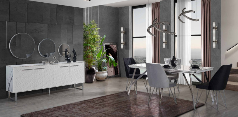 Muebles de comedor gris y blanco, cómoda, mesa de comedor, sillas tapizadas de lujo