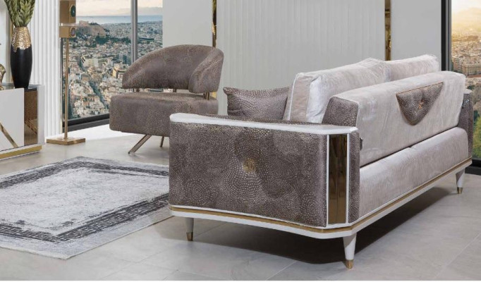 Moderno conjunto de sala de estar, diseñador, tresillo beige, sillón, mesa de centro.