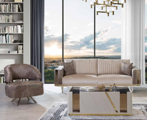 Moderno conjunto de sala de estar, diseñador, tresillo beige, sillón, mesa de centro.