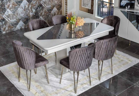 Mesa de comedor blanca de diseñador con 6 sillas de tela lila oscuro, juego de comedor.