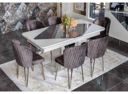 Mesa de comedor blanca de diseñador con 6 sillas de tela lila oscuro, juego de comedor.