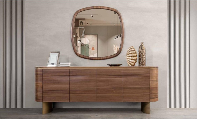 Cómoda marrón moderna con 4 puertas, aparador de diseñador con espejo.