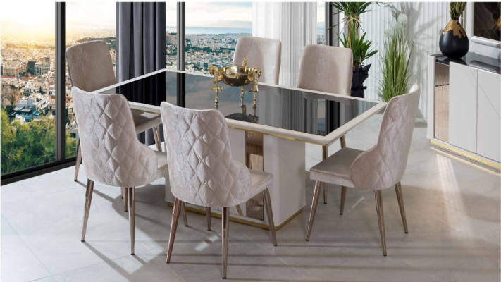 Conjunto de comedor exclusivo Mesa de vidrio noble Sillas tapizadas de diseñador 7 piezas