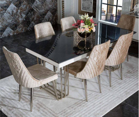 Mesa de comedor de vidrio blanco y negro, sillas textiles de diseñador, muebles de comedor.