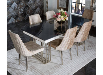 Mesa de comedor de vidrio blanco y negro, sillas textiles de diseñador, muebles de comedor.
