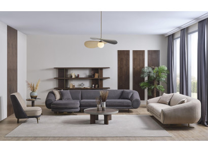 Conjunto de salón de diseñador en forma de L, sofá de 3 plazas y sillón tapizado.