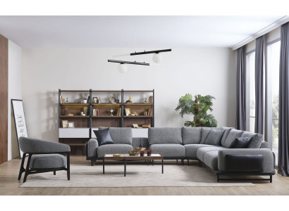 Conjunto de sala de estar gris en forma de L: sofá, sillón de diseñador y mesa de centro.