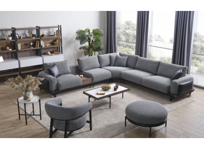 Conjunto de sala de estar de lujo en gris Sofá de esquina en forma de L, sofá, sillón acolchado de 3 piezas.