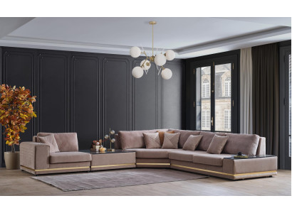 Sofá esquinero beige en forma de L, sofá tapizado de diseñador. Sofás elegantes y nuevos.