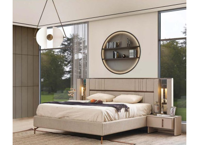 Dormitorio de lujo Cama doble beige 2 mesitas de noche Muebles modernos