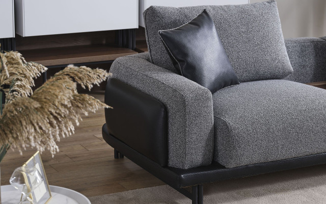 Sofá de esquina gris acolchado de diseñador con sillón de tela para sala de estar, conjunto de lujo.