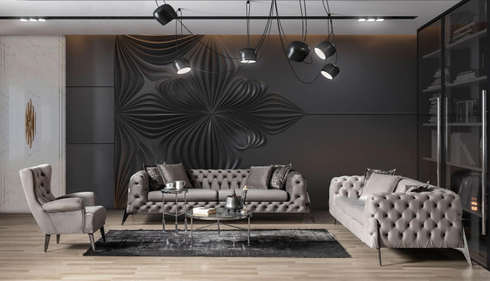 Sala de estar gris claro Chesterfield 4+3 sofá de lujo sillón